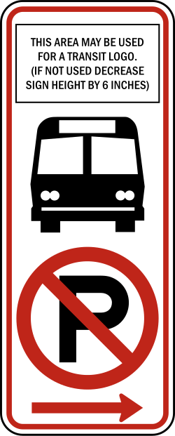 Prohibits parking in bus stop area with transit symbol