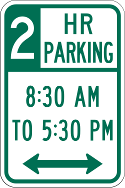 Limits parking to two hours during specified times
