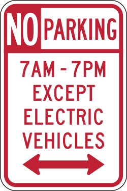 Prohibits parking during specified times except for electric vehicles