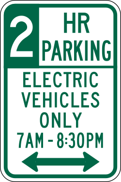 Limits parking to two hours for electric vehicles only during specified times