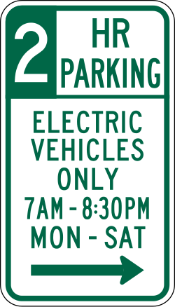 Limits parking to two hours for electric vehicles only during specified times and days