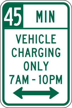 Limits parking to 45 minutes for vehicle charging only during specified times