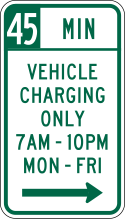 Limits parking to 45 minutes for vehicle charging only during specified times and days