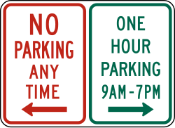 Combined sign showing no parking and one hour parking restrictions at different times