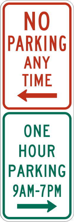 Alternative combined sign showing no parking and one hour parking restrictions at different times