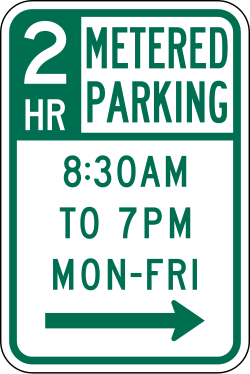 Limits parking to two hours with meter payment during specified times and days