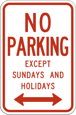Prohibits parking except on Sundays and holidays