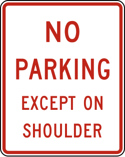 Prohibits parking except on the road shoulder area