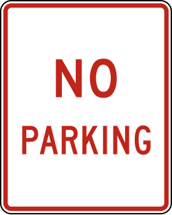 Text-based sign prohibiting parking in the area