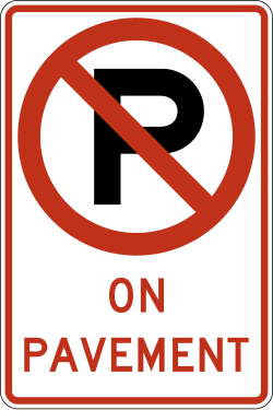 Prohibits parking on the paved roadway surface with text