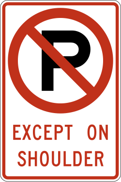 Prohibits parking except on the designated shoulder area