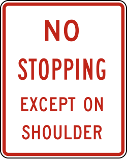 Prohibits stopping except on the road shoulder area