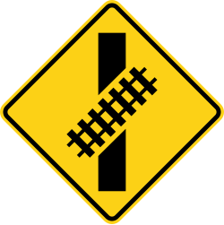 Skewed railroad crossing ahead to the left (supplements W10-1)