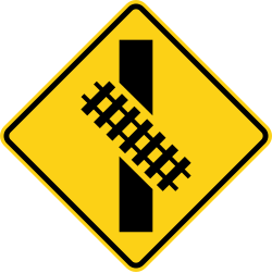 Skewed railroad crossing ahead to the right (supplements W10-1)