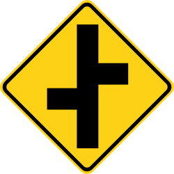 Offset side roads with the first road on the left and the second on the right