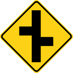 Offset side roads with the first road on the right and the second on the left