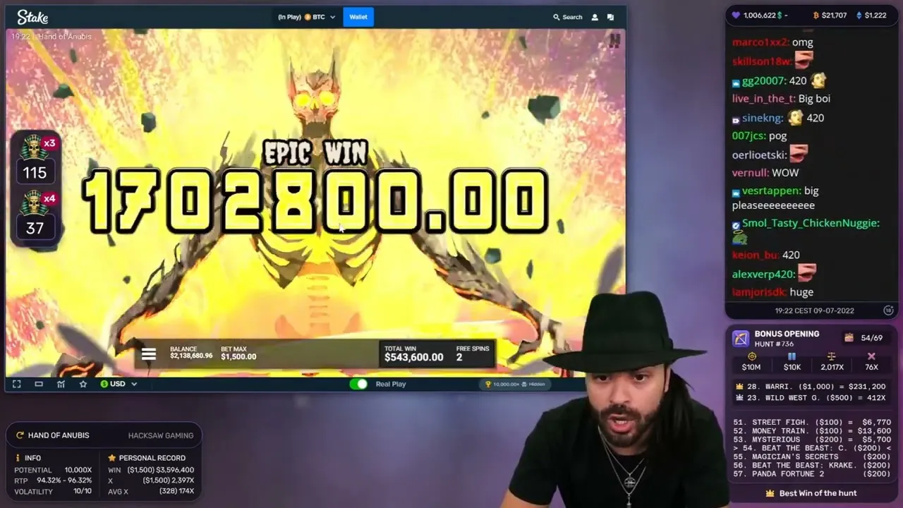 Hand of Anubis: Streamer Hits HUGE 10,000x Win on Stake!