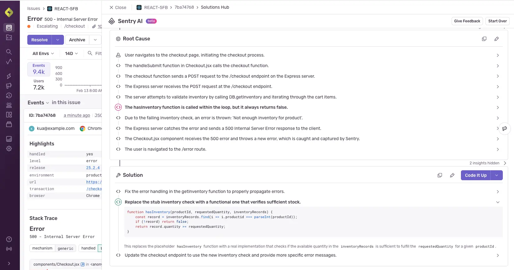 Screenshot of the Autofix UI, showing Autofix having completed a root cause analysis and suggesting a code fix