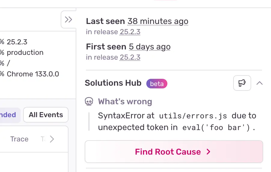 Screenshot of the Autofix UI: the "Find Root Cause" button starts Autofix
