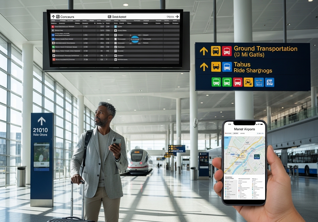 Traveler comparing EWR to JFK transfer options at airport terminal with directional signage