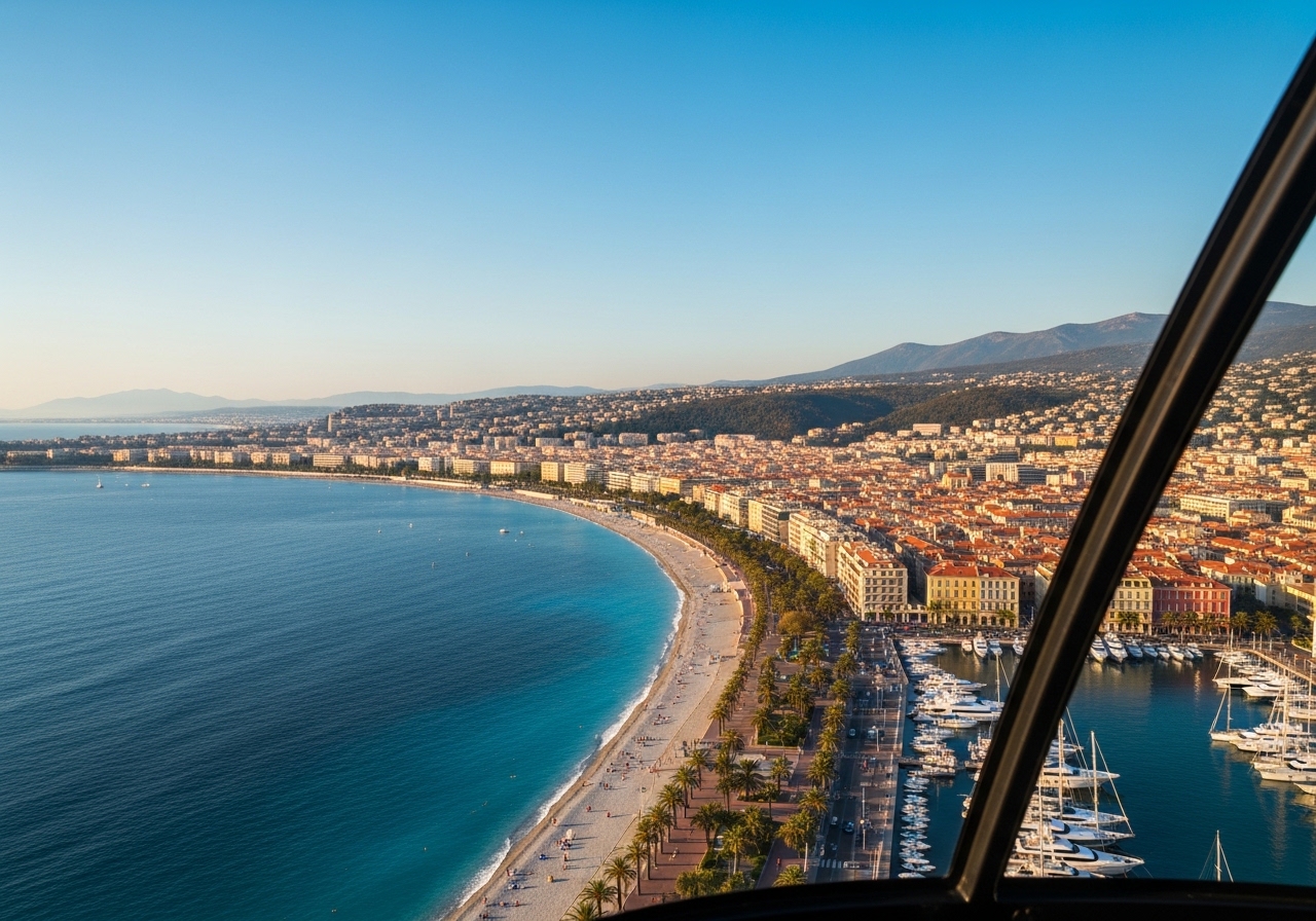 Aerial view of Nice from helicopter charter showing Mediterranean coastline and French Riviera beaches