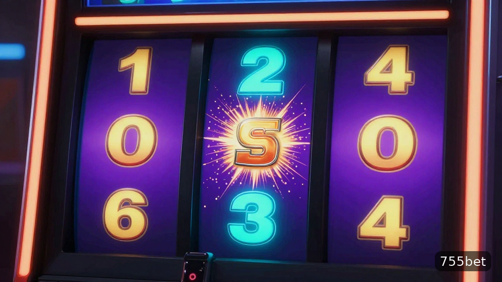 Close-up da tela de uma slot machine no app 755bet mostrando símbolos de frutas e o botão de girar