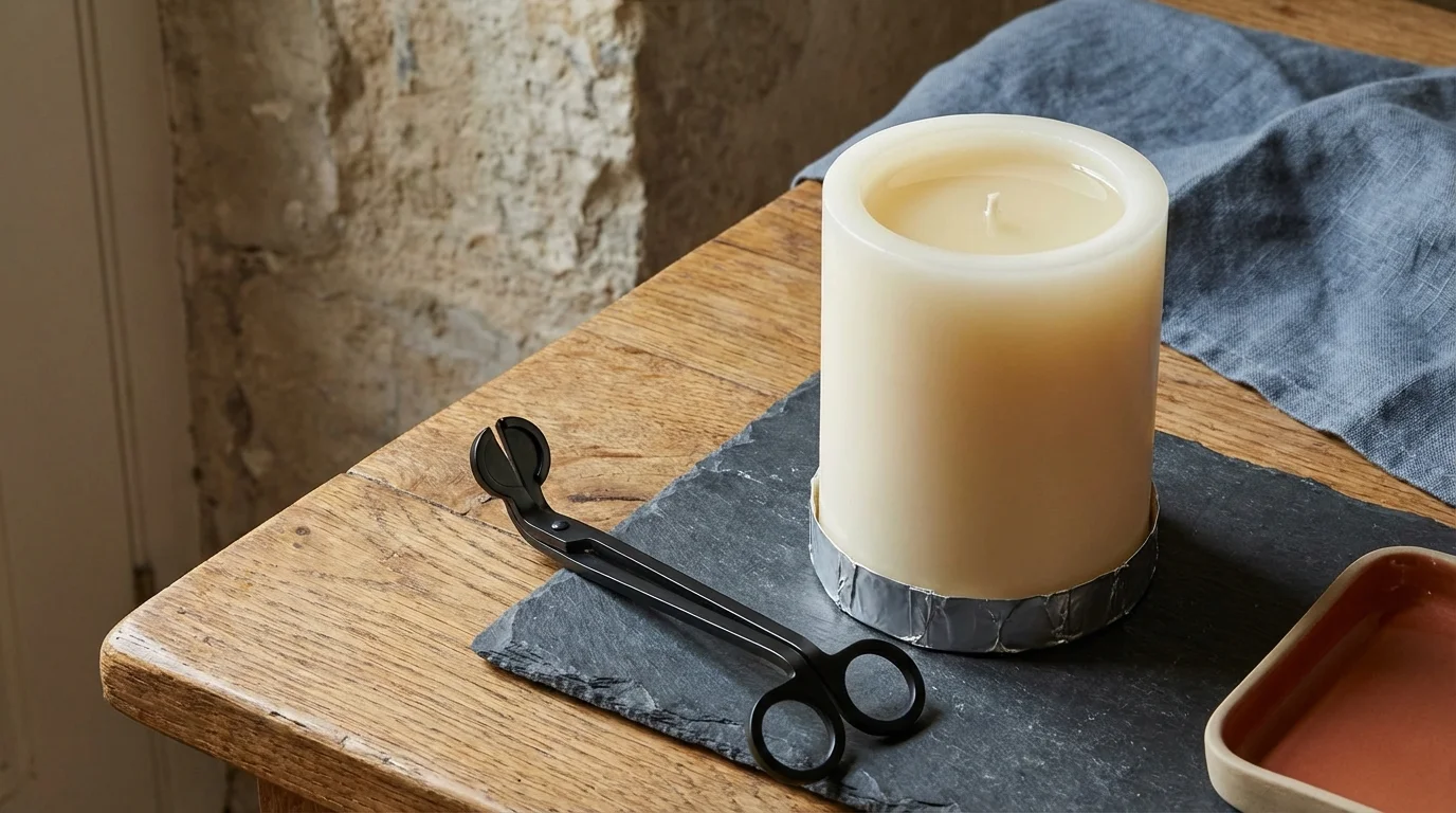 A serene still-life of a cream pillar candle with a perfectly even wax pool, accompanied by a black wick trimmer on a warm wooden surface.