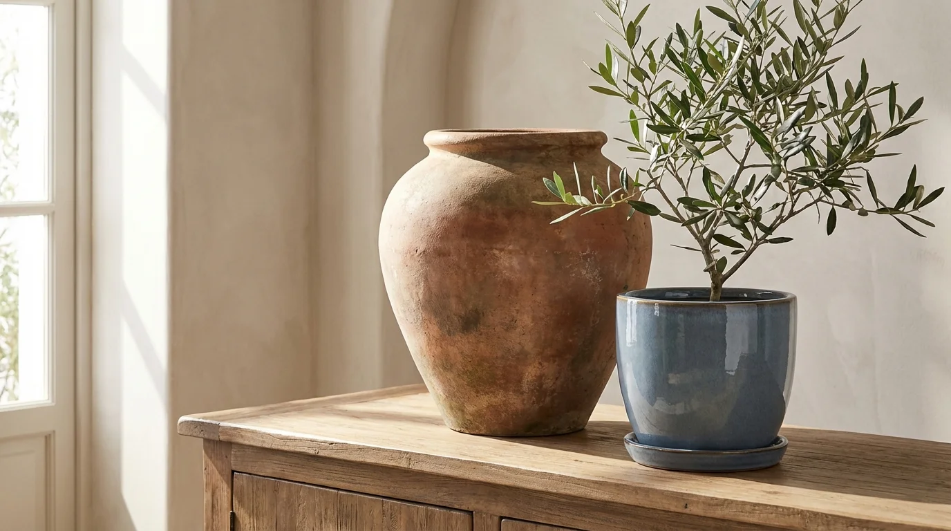 A minimalist and aspirational still life featuring a large rustic terracotta urn and a smaller glazed ceramic plant pot on a wooden surface in a sunlit room.