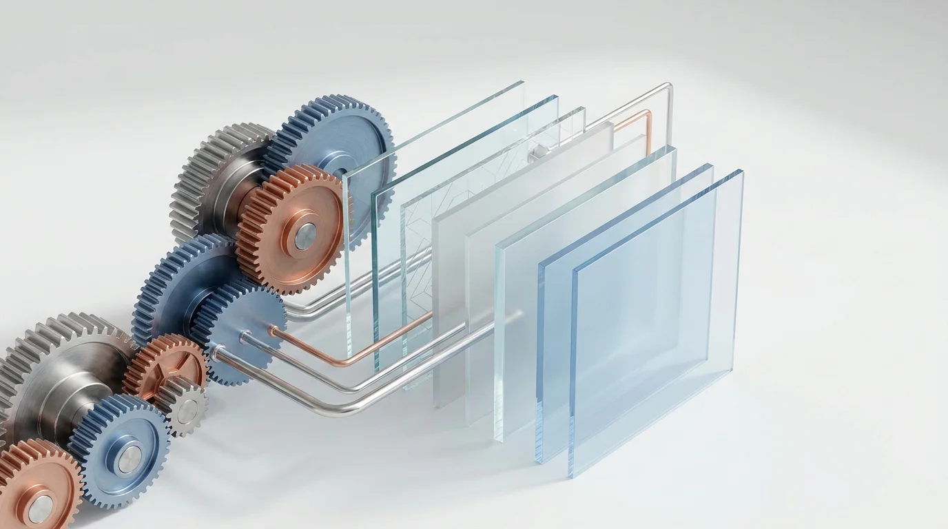 A clean, modern still life featuring polished chrome gears and layered glass panels on a white surface, symbolizing a streamlined and efficient business process.