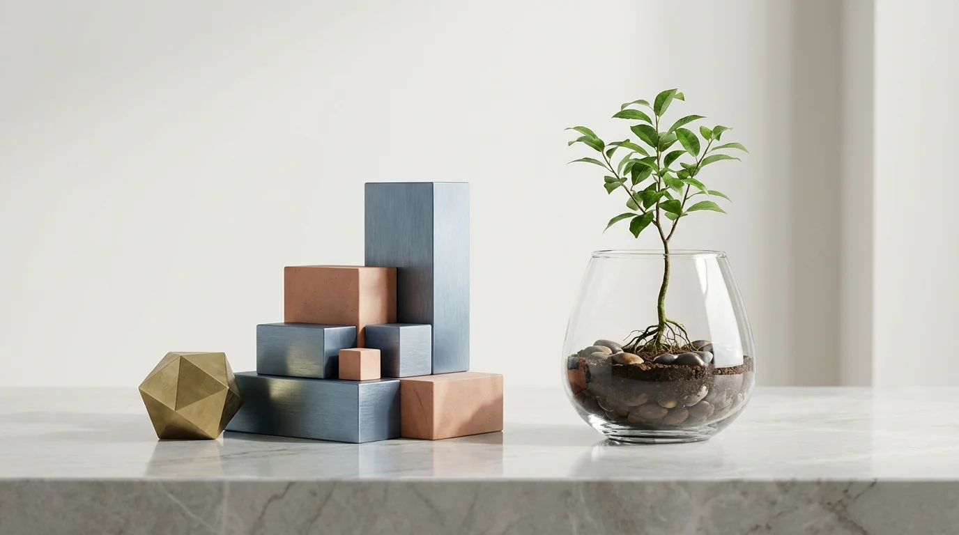 A minimalist still life featuring stacked stone blocks and a small plant in a glass vase on a marble tabletop, representing stable and organic compounding growth.