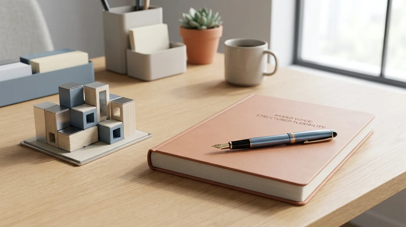 A high-end fountain pen resting on a minimalist leather notebook next to a small architectural model on a wooden desk, symbolizing precision and brand authority.