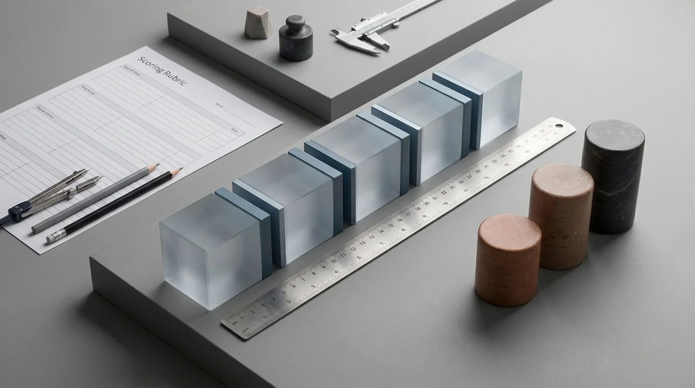A minimalist, top-down view of translucent glass blocks being perfectly aligned against a metal ruler on a clean grey surface, representing a systematic brand voice audit.