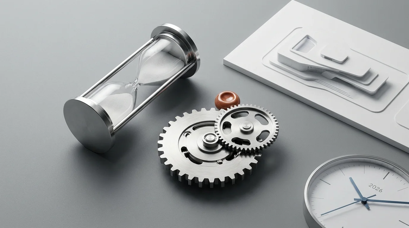 A minimalist still life featuring a modern hourglass and polished metallic mechanical parts on a clean, neutral surface, representing the systematic process of content refreshing a