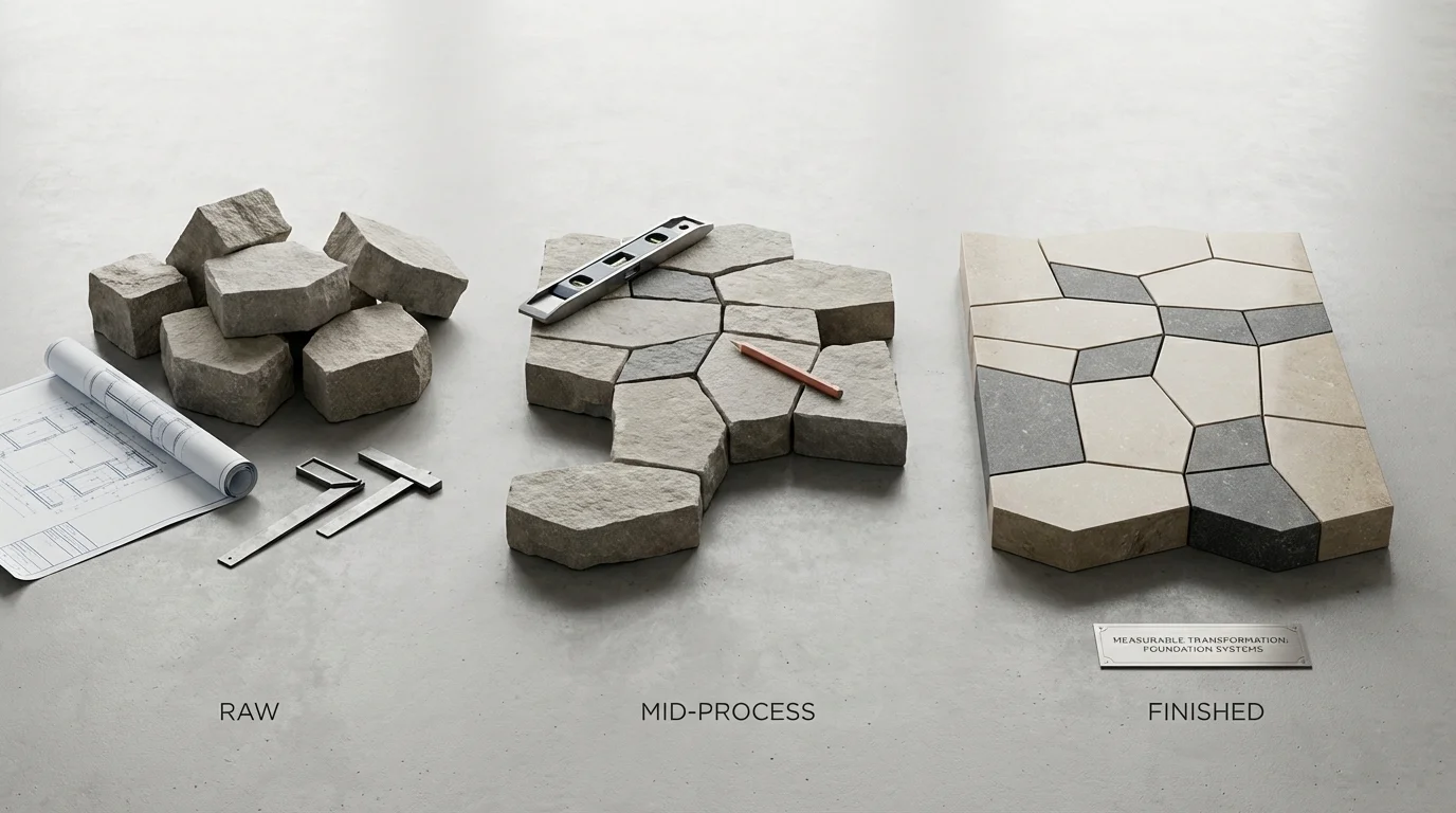 A minimalist, high-angle view of interlocking geometric stone blocks being arranged on a smooth, modern architectural surface, representing a solid and compounding foundation.