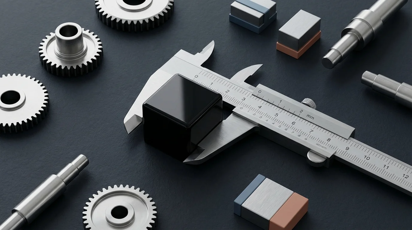 A minimalist, high-angle still life featuring stainless steel calipers measuring a polished black cube on a gray surface, symbolizing precision and measurement.