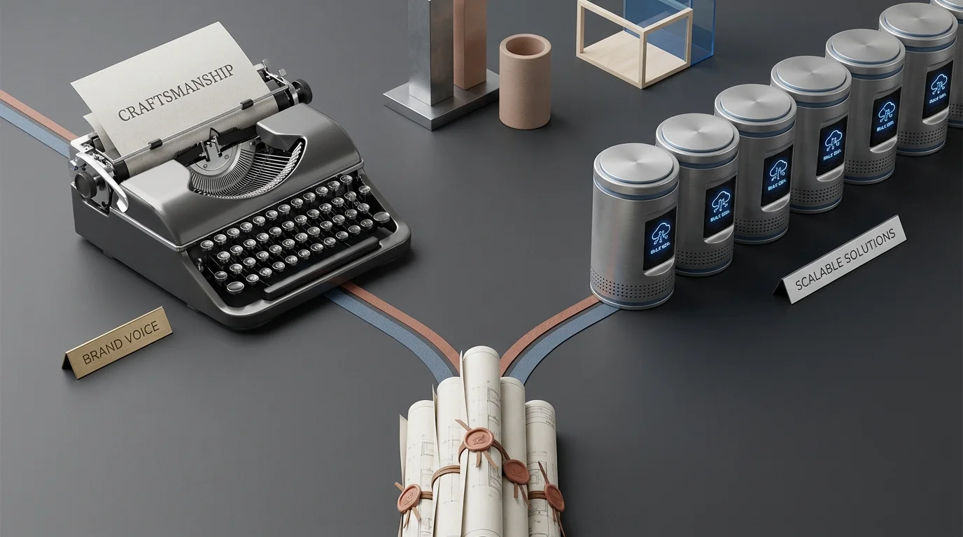 A minimalist still-life composition featuring a vintage typewriter and a grid of uniform metal canisters on a clean grey surface, symbolizing the balance between brand voice and co