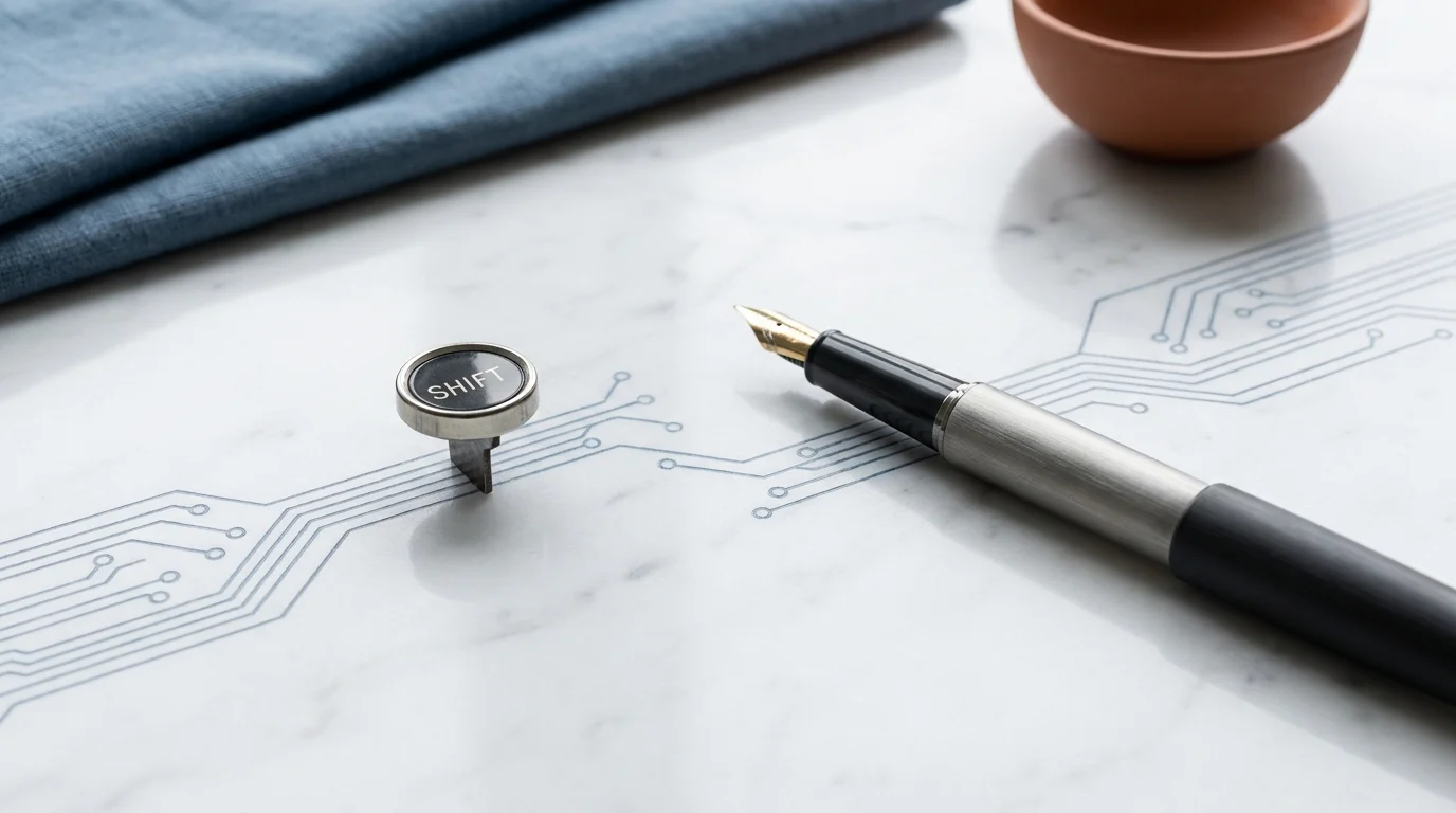 A minimalist, high-angle still life featuring a single vintage typewriter key and a luxury fountain pen resting on a white marble surface with subtle geometric etchings.