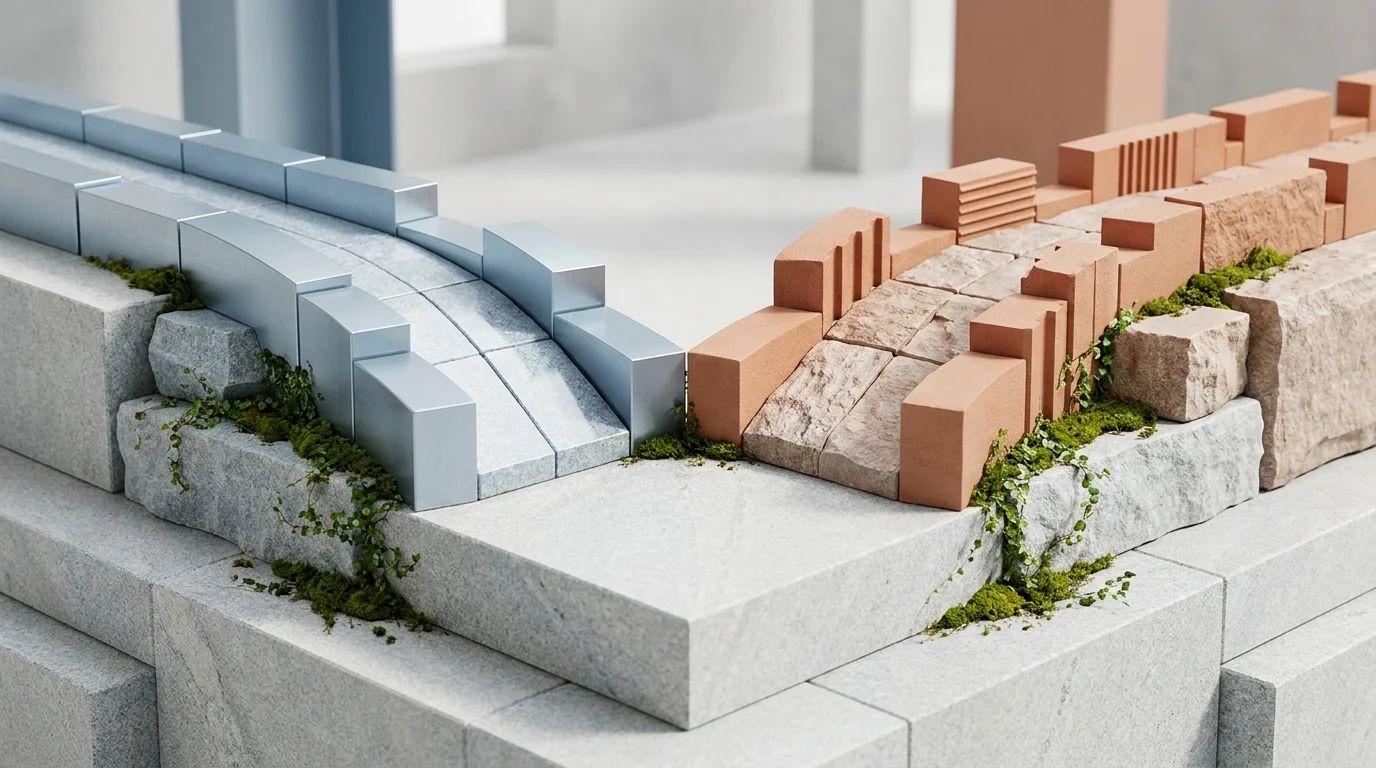 A minimalist, high-quality still life of interlocking stone blocks forming a solid foundation with small green plants growing in the seams, representing sustainable organic growth.