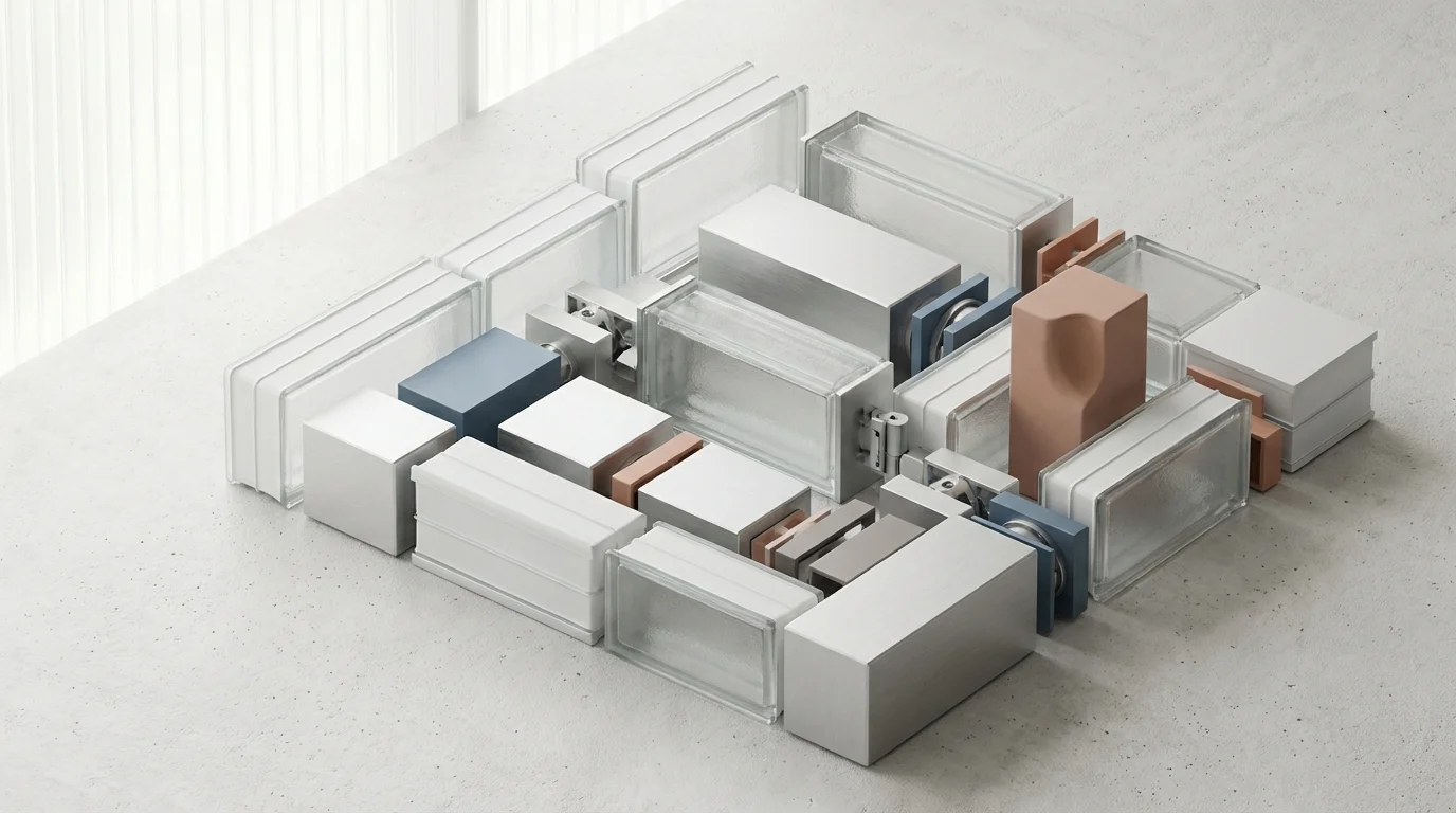 A clean, modern still life of frosted glass blocks and metallic geometric shapes being assembled into a cohesive, stable structure on a neutral surface, representing a compounding 