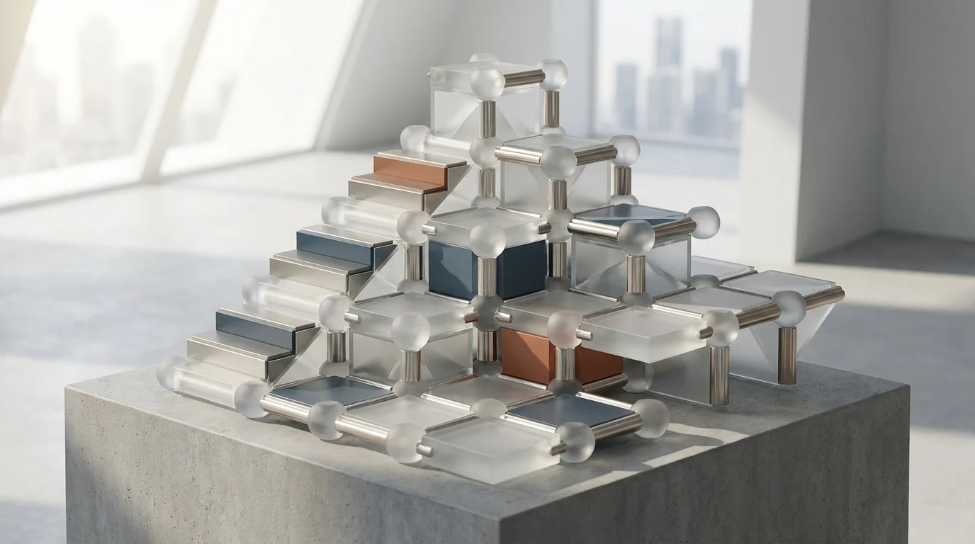 A minimalist 3D composition of interconnected frosted glass prisms and metallic modules on a clean surface, representing a structured and compounding growth system.