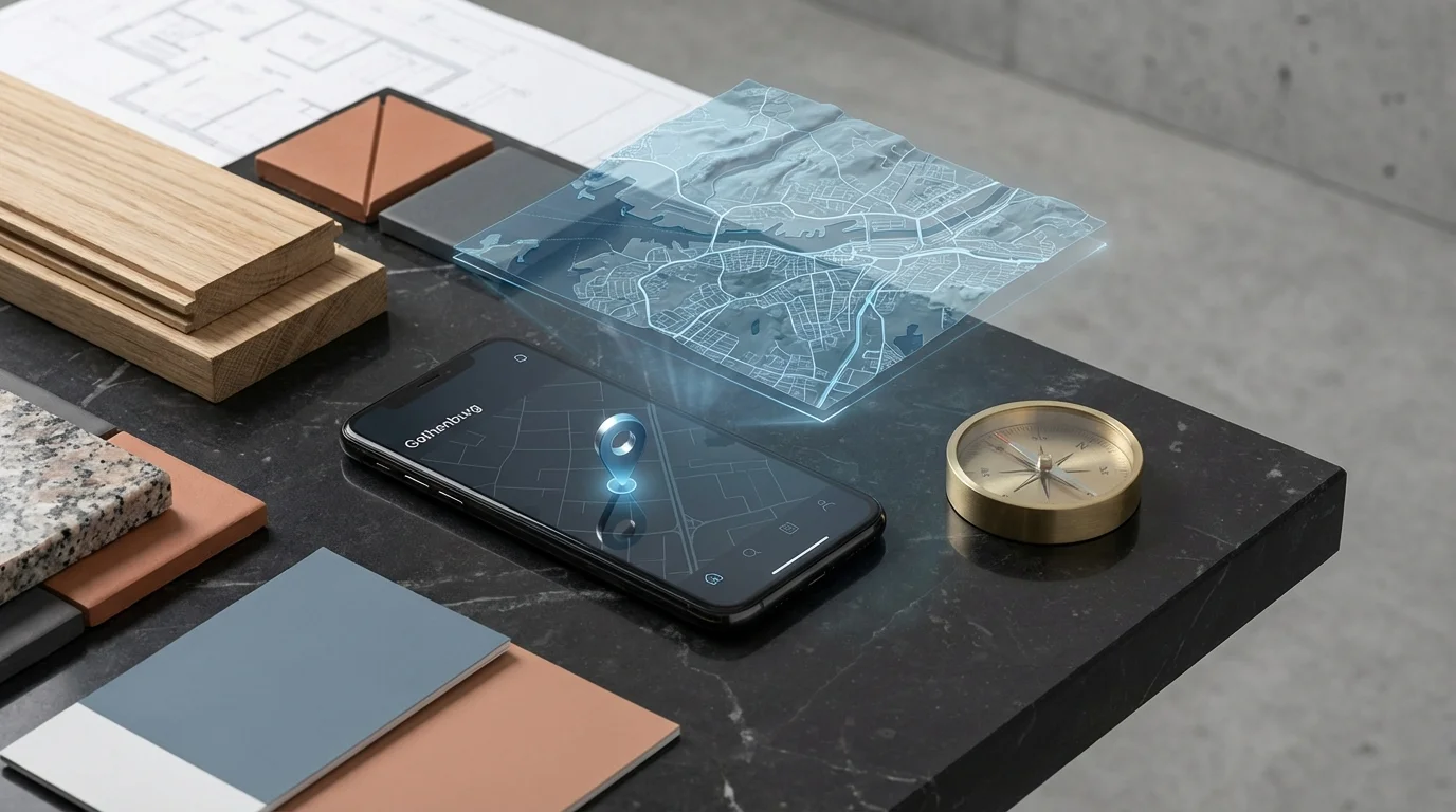 A minimalist editorial scene featuring a smartphone on a stone surface with a floating 3D topographic map of Gothenburg and a glowing location marker.