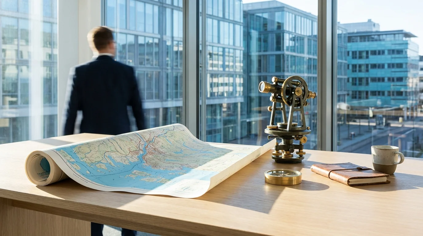 A bright, editorial still-life of a Gothenburg city map and a glass architectural model on a wooden desk, overlooking a soft-focus view of the city's modern waterfront district.
