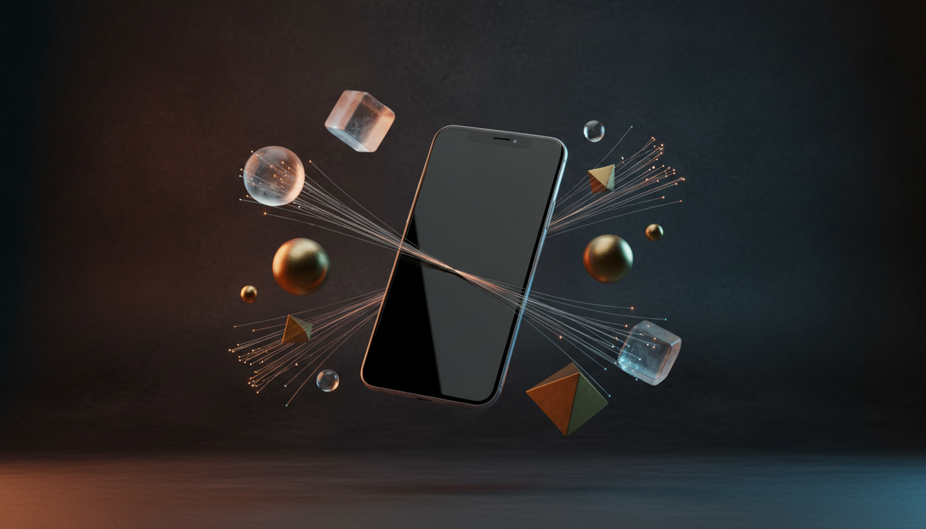 A sleek, blank smartphone suspended in mid-air surrounded by floating glass and metal geometric shapes connected by glowing threads, symbolizing modern app architecture and data in