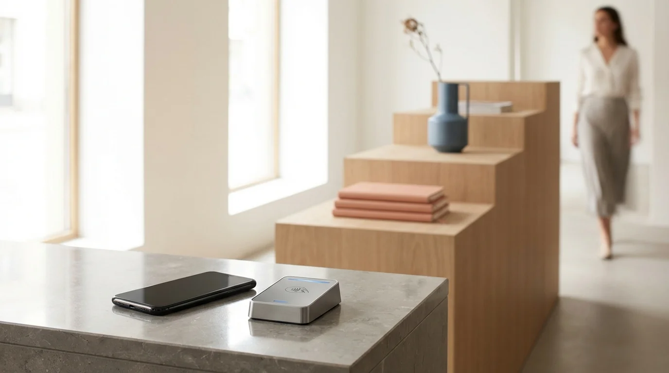 A high-end smartphone and a minimalist payment terminal on a stone surface in a bright, professional retail setting, symbolizing the bridge between mobile technology and business g