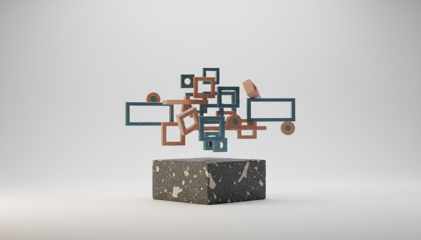 A 3D architectural still life featuring a solid base separated from a floating, modular glass top layer, connected by metal rods to symbolize decoupled headless commerce.