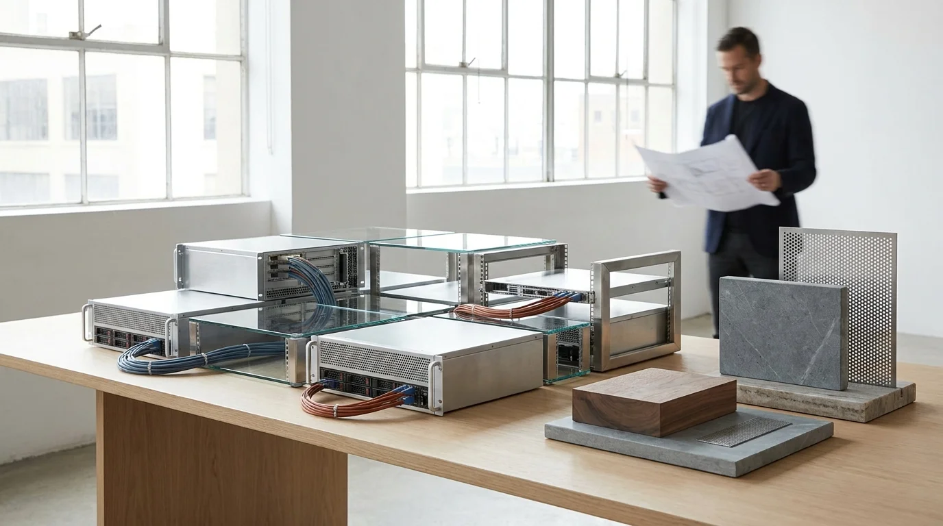 A minimalist, high-end editorial shot of modular technical components and sleek metallic hardware modules interconnected by clean data cables, representing a scalable headless e-co