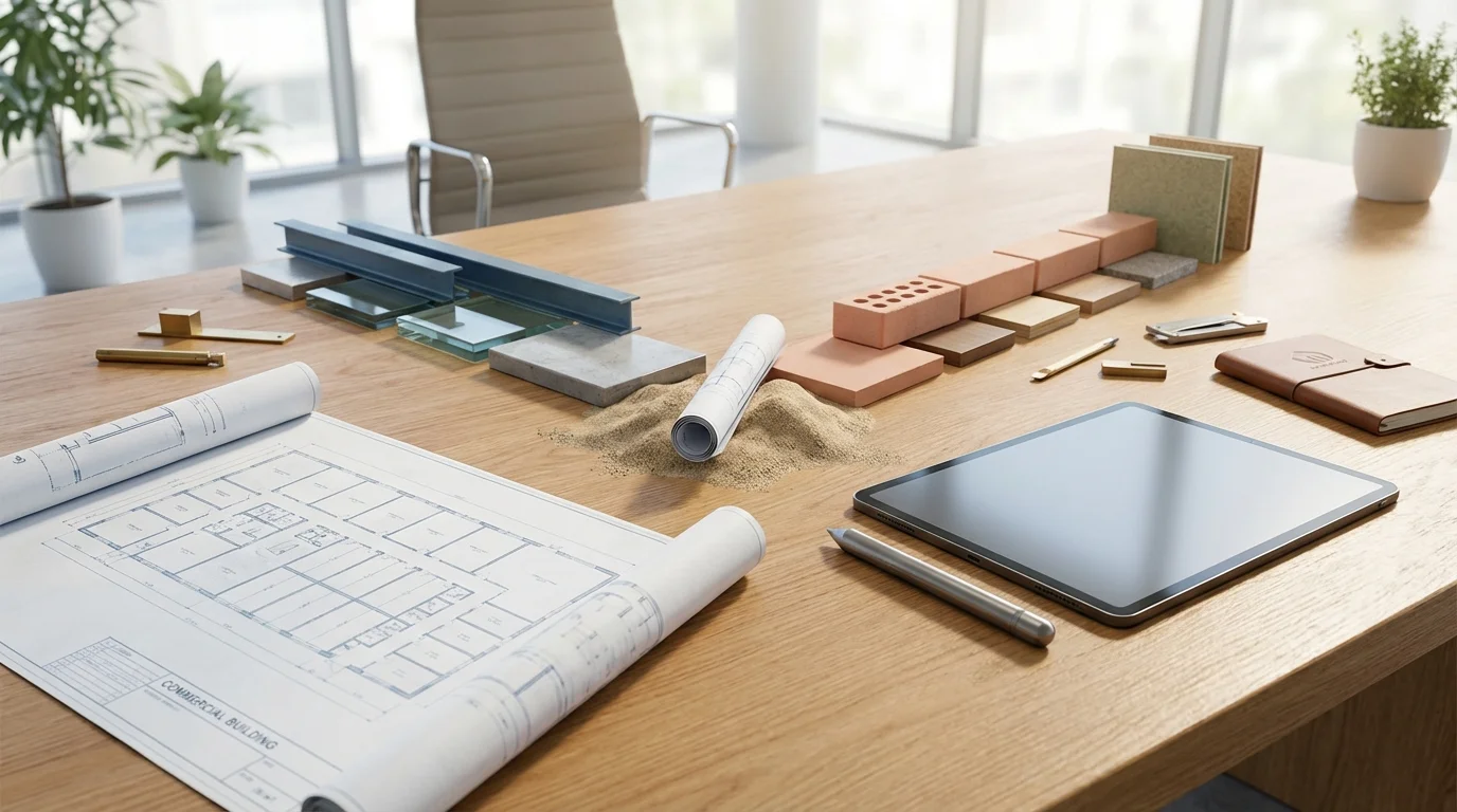 A professional still-life of architectural blueprints, a stylus, and high-end material samples on a wooden desk, representing the strategic choice between custom web development an