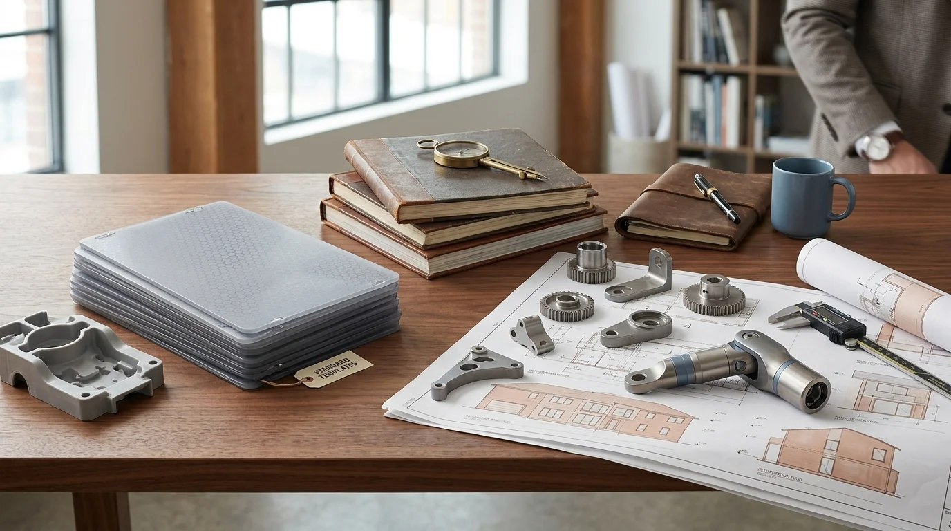 A minimalist editorial still-life comparing generic building blocks with custom-engineered architectural elements on a professional wooden surface.