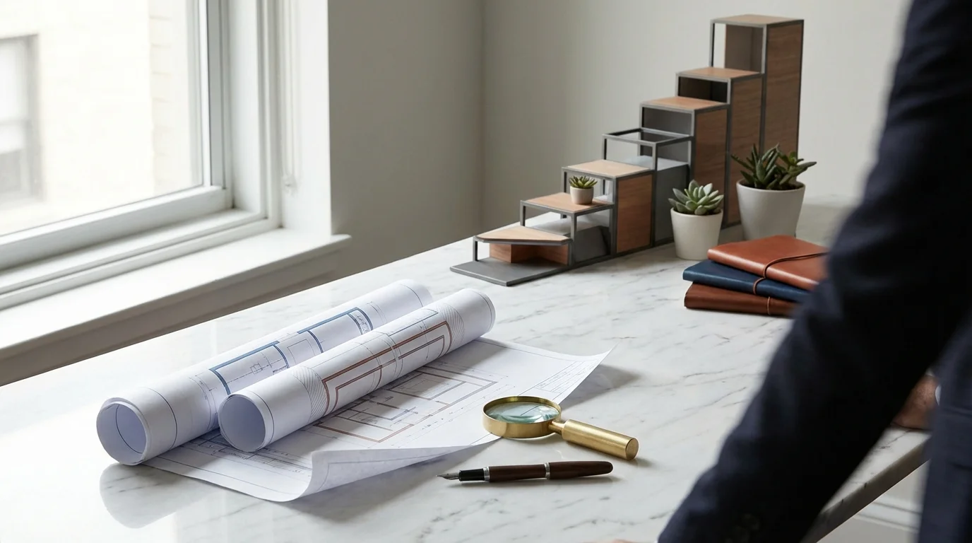 A minimalist, high-end desk setting featuring architectural plans, a magnifying glass, and a fountain pen on a marble surface, symbolizing a detailed and strategic evaluation proce