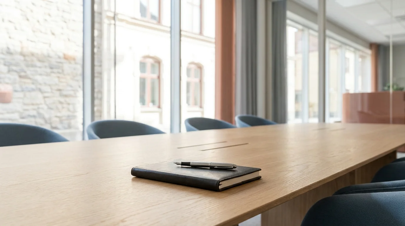 A minimalist and professional Scandinavian office setting with a wooden table and sunlight, representing a strategic business partnership environment.